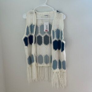 Crochet Fringe Vest in Blue and Cream